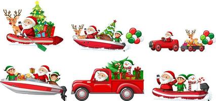 set di diverse auto natalizie e personaggi di babbo natale vettore