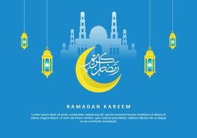 ramadan kareem luna, lanterna e grande moschea isolato sfondo blu vettore