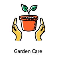 mani con pianta in vaso che denota l'icona disegnata a mano della cura delle piante vettore