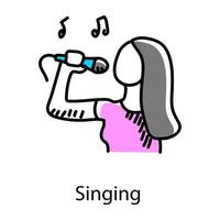 ragazza con microfono che indica il canto nell'icona di stile doodle vettore