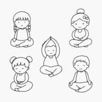 fascio di meditazione yoga. cartone animato doodle line art meditando raccolta bambini illustrazione vettore
