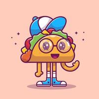 carino taco che indossa cappello e occhiali da sole cartone animato icona vettore illustrazione. cibo icona moda concetto isolato vettore premium. stile cartone animato piatto