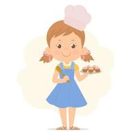 giovane ragazza chef cucinare e tenere vassoio di cupcakes dolci con crema vettore