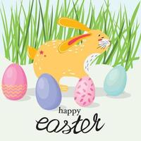 illustrazione di Pasqua con un coniglietto e uova di Pasqua. simpatico coniglietto che dorme nella natura. per carte, banner, sfondi. vettore