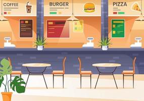 mangiare nella food court nel mezzo di un centro commerciale che serve fast food come pizza, hamburger o tacos sotto forma di fumetto piatto illustrazione vettoriale