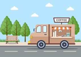 camion di cibo e strada all'aperto che serve fast food come pizza, hamburger, hot dog o tacos nell'illustrazione piana del manifesto del fondo del fumetto vettore