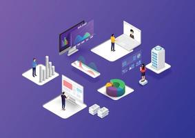 persone che interagiscono con i grafici e analizzano le statistiche. concetto di visualizzazione dei dati. 3d isometrico illustrazione vettoriale. vettore