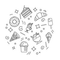 set di semplici icone in bianco e nero fast food, dessert. ciambella, gelato, cocktail, pizza, croissant, torta. logo per menu, banner, packaging. concetto di cibo di strada veloce vettore
