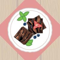 pezzi di torta brownies con fragole, mirtilli e menta su piatto in ceramica vista dall'alto vettore