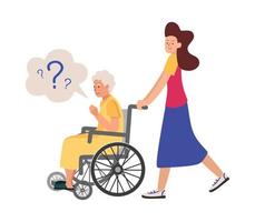demenza nonna su una sedia a rotelle con una persona di accompagnamento non riesce a capire dove si trova illustrazione vettoriale in stile piatto