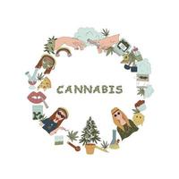 il concetto di marijuana. diversi elementi nel cerchio e la parola cannabis. illustrazioni piatte vettoriali