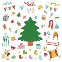 colore natale impostato in stile doodle. illustrazione vettoriale isolato su sfondo bianco. segni festivi per adesivi, carte regalo o web. collezione di capodanno per bambini. icone invernali