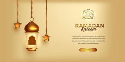 banner di lusso ramadan mubarak kareem con 3d fanoos dorato fanous decorazione lanterna araba con calligrafia vettore