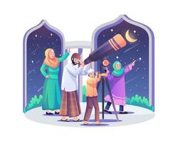 famiglia musulmana in cerca di hilal nel cielo con un telescopio per la luna nuova che segnala l'inizio del mese sacro del mese di digiuno del ramadan. illustrazione vettoriale in stile piatto