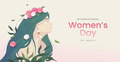 Sfondo dell'8 marzo. giornata internazionale della donna felice. ritratto artistico di donna con fiori di rosa e foglie in natura. illustrazione vettoriale