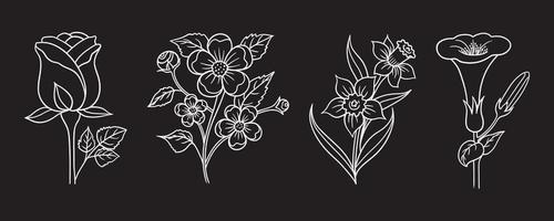 set di fiori disegnati a mano in bianco e nero illustrazione vettoriale su sfondo nero