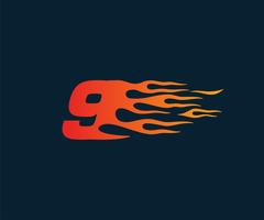 Numero 9 Logo fiamma fuoco. modello di concetto di design gara di velocità vettore