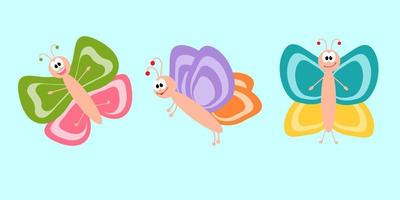 una serie di farfalle divertenti con facce buffe. personaggio dei cartoni animati. illustrazione isolata per il design. vettore