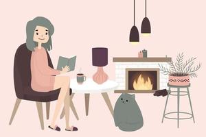 ragazza carina seduta con il gatto in casa hygga e leggere. accogliente inverno. illustrazione in stile cartone animato. vettore