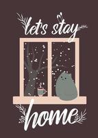 poster citazione simpatico gatto vicino alla finestra e caffè caldo tè cacao. accogliente inverno. illustrazione in stile cartone animato. vettore