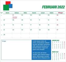 semplice modello di calendario di febbraio 2022. la settimana inizia il lunedì. domenica in evidenza. con le festività indonesiane evidenziate. eps 10 illustrazione vettoriale, nessuna trasparenza, nessuna sfumatura vettore