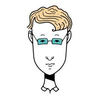 personaggio divertente disegnato a mano, il volto di un giovane con gli occhiali, illustrazione vettoriale, faccia di persone doodle vettore