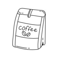 sacchetto di caffè semplice stile doodle in bianco e nero isolato su sfondo bianco. illustrazione di doodle disegnato a mano di vettore. vettore