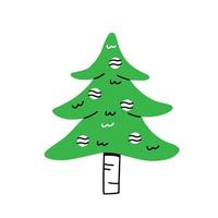 albero di natale fantasia verde con palline di natale in semplice stile doodle cartone animato lineare. illustrazione vettoriale felice anno nuovo e buon natale.
