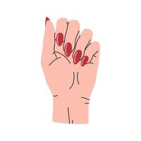 mano femminile con manicure rossa in stile piatto cartone animato. illustrazione vettoriale isolato su sfondo bianco.