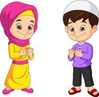 cartone animato per bambini musulmani felici che prega vettore
