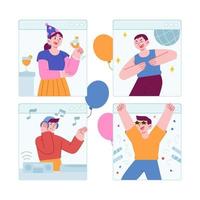 idea di illustrazione vettoriale del concetto di festa online per modello di pagina di destinazione, incontro per celebrare l'evento in videochiamata, congratularsi con amici, colleghi o familiari in una conversazione festosa e felice, stile piatto