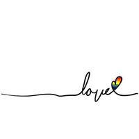 tipografia scritta a mano d'amore con cuore a linea sottile e illustrazione arcobaleno vettore