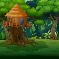 scena con casa sull'albero in legno nel mezzo della foresta vettore