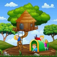 bambini che giocano alla casa sull'albero nell'illustrazione del parco vettore