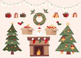 set natalizio con oggetti decorativi invernali, due diversi alberi di Natale, giocattoli in scatole, scatole regalo, palline, ghirlande, babbo natale, calze natalizie, ghirlanda. illustrazione vettoriale in stile cartone animato piatto.