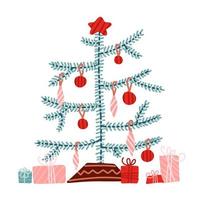 illustrazione vettoriale piatta dell'albero di natale. scatole regalo avvolte vicino all'abete verde decorato con palline. elemento di design di doodle di vacanze invernali. simbolo di celebrazione di natale tradizionale isolato su bianco.