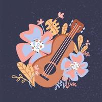 ukulele e foglie tropicali, fiori. chitarra acustica in legno per strumenti musicali poster design.rock band performance, banner template.vettore piatto disegnato a mano illustrazione in stile scandinavo
