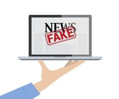 portatile della tenuta della mano che mostra il sito Web di notizie false. fornire un concetto di notizie false. vettore