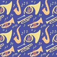 modello senza cuciture con strumenti musicali a fiato - trombone, tromba, sassofono, corno francese su sfondo blu scuro. illustrazione disegnata a mano piatta vettoriale. vettore