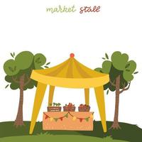 bancarella del mercato della tenda vegetale sull'erba davanti agli alberi verdi. illustrazione vettoriale in stile piatto artoon.