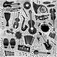 set di temi di strumenti musicali disegnati a mano isolati su sfondo bianco. set di doodle nero ornato di tema musicale. illustrazione vettoriale