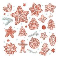 set di vari gustosi biscotti di pan di zenzero in stile doodle piatto. illustrazione vettoriale di vacanza invernale carina disegnata a mano. natale dolce uomo, campana, casa, stella, guanto, fiocco di neve.