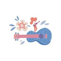 carattere vettoriale disegnato a mano piatto rock stars. musicista piccola donna che suona su una chitarra enorme. chitarrista femminile che rimane su uno strumento musicale in stile floreale scandinavo. design del poster del festival musicale