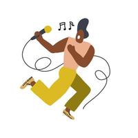 cantante divertente con un microfono, realizzato in stile doodle. uomo single che balla e canta sul palco. illustrazione piatta vettoriale. vettore