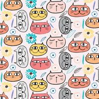 Cute Cat And Floral Pattern Background. Illustrazione vettoriale