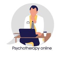 psicoterapia medico maschio online in video bolla per concept design. problema psicologico. terapia in linea. assistenza e supporto professionale. vettore