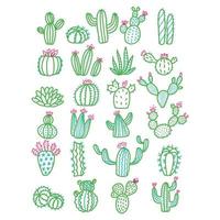 cactus vettoriale disegnato a mano carino senza vasi illustrazione delineata a colori. set di simpatici cactus disegnati a mano con linea verde con fiori rosa.
