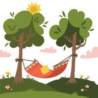 amaca estiva rossa vuota con alberi e paesaggi sullo sfondo. turismo naturalistico. sole e nuvole. illustrazione del design vettoriale piatto.