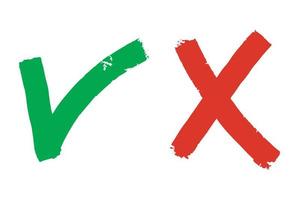 icona giusta e sbagliata. disegnato a mano di segno di spunta verde e croce rossa isolata su sfondo bianco.illustrazione vettoriale. vettore