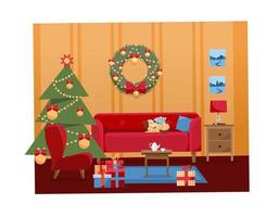 illustrazione interna di vettore del fumetto piatto di natale del soggiorno decorato per le feste. accogliente e caldo interno di casa con mobili, divano, poltrona, albero di natale, regali, scatole regalo, palline, ghirlanda
